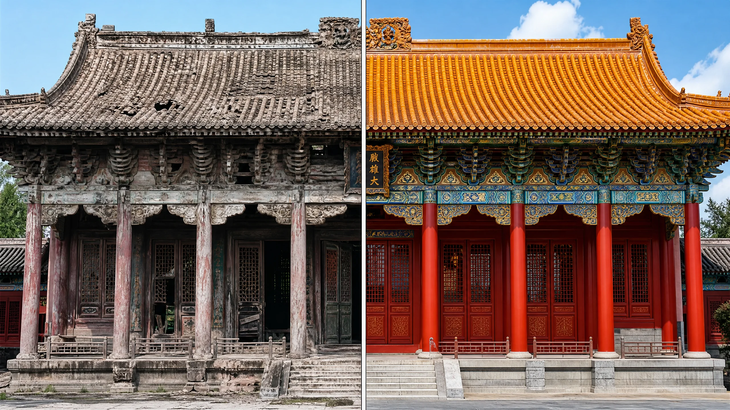 古建筑修复后的完整面貌，朱红立柱与金﻿色琉璃瓦焕然一新