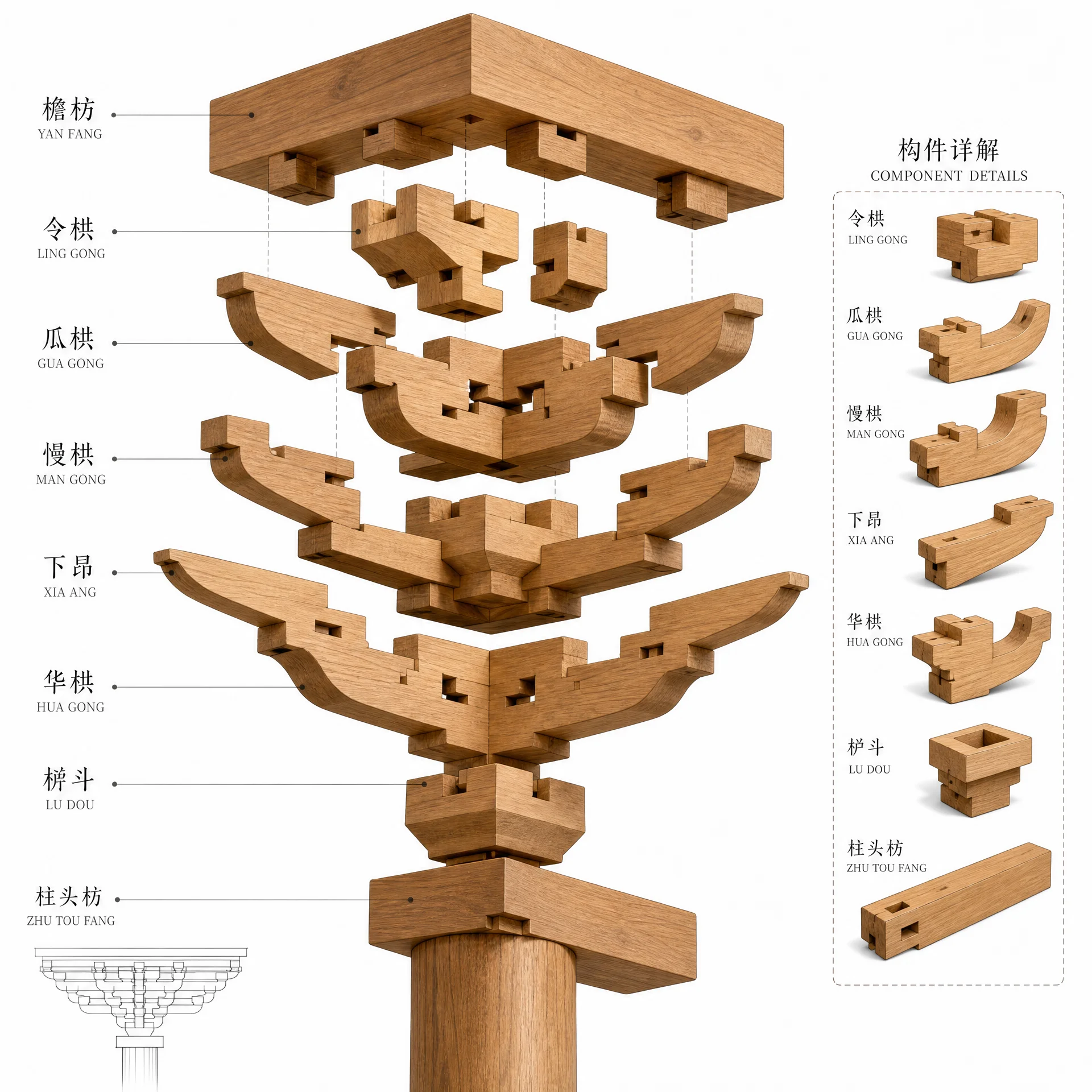 斗拱结构3D拆解示意图，展示各层构件​名称与组装关系