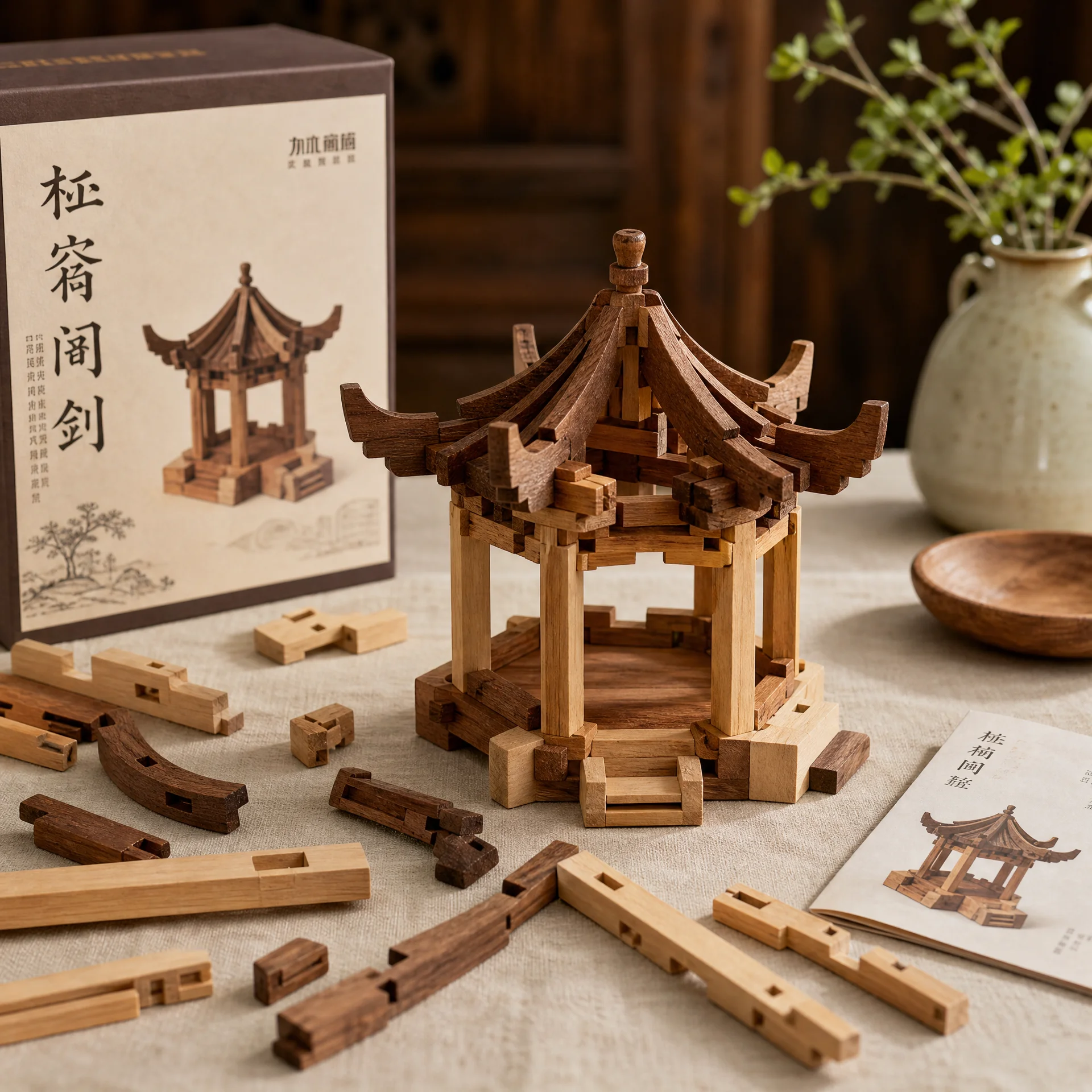 榫卯积木六角亭模型套装，展示精密的木构拼装